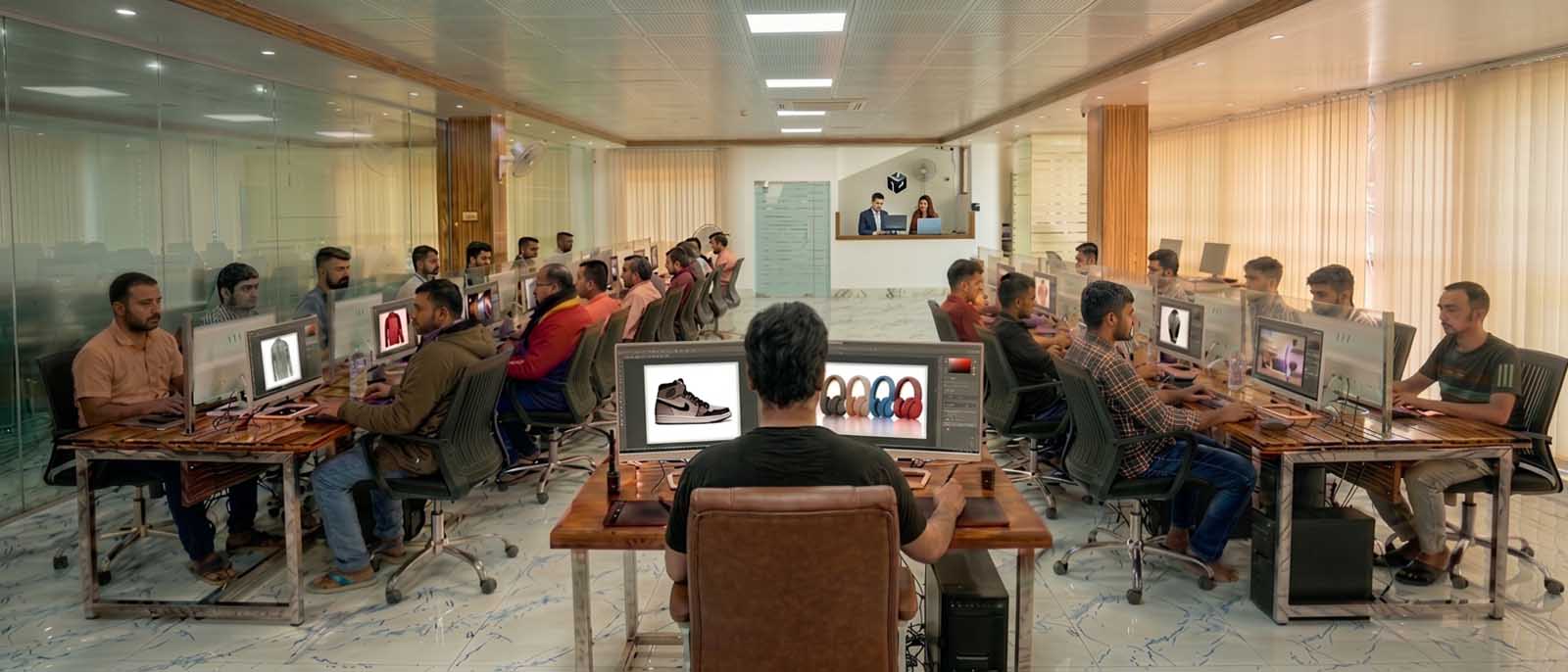 Editors at work on the Clipping Path Center production floor in Dhaka, Bangladesh.