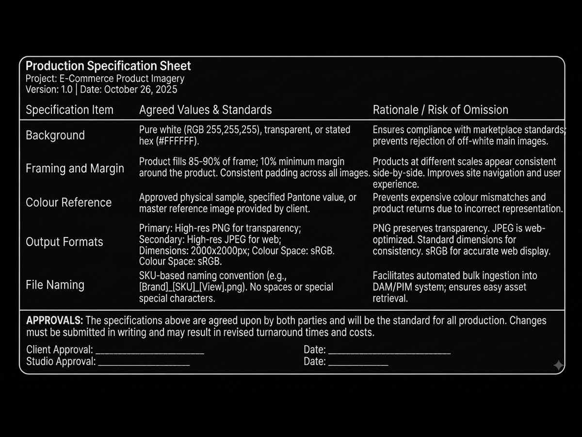 An anonymised production specification sheet with agreed values for background, framing and naming.