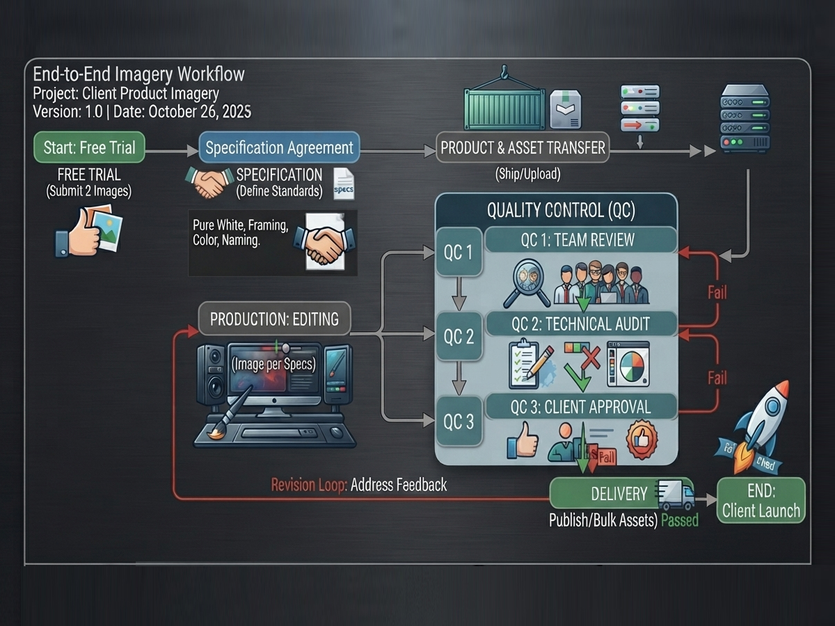 Diagram of the Clipping Path Center workflow from free trial through editing and QA to delivery.