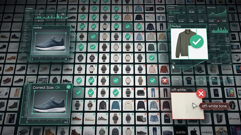 A catalog of product images checked against marketplace compliance rules